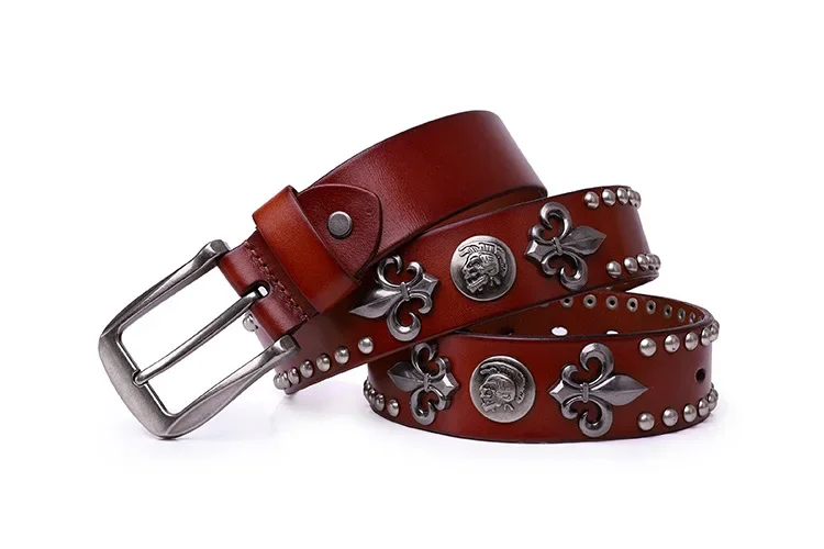 High quality metal genuine leather belt top layer cowhide men's and women's rivets punk rock belt hip-hop style denim retro