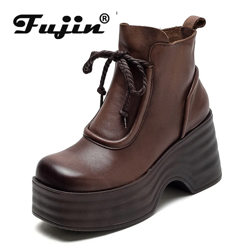 

Fujin 7cm Rero Moccasins Platform Wedge Chunky Heels Shoes Woman Cow Genuine Leather Autumn Ankle Boots Spring Booties Ethnic