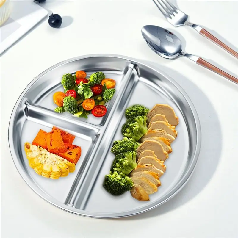 B62B Stainless Steel Kids Plates 2 Packs 9 Inch Divided Portion Control Plate for Toddlers Adults