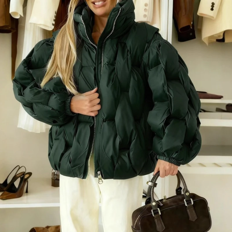 Cotton Quilted Check Female Jacket Long Sleeve Loose Stand Collar Fashion Outwear Solid Casual Street Outwear 2025 Autumn Winter