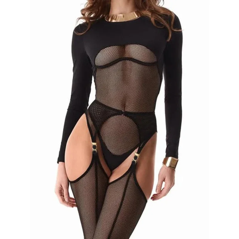 

New Arrival Women Hollow Out Perspective Mesh Bodysuit Slim Shaping Sexy Jumpsuit Lingerie 3 Piece Set With Fishnet Stockings