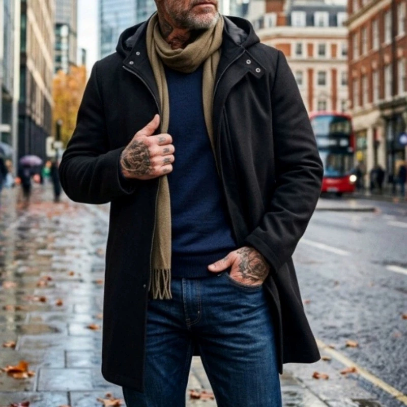 Vintage Hooded Woolen Coat Fashionable Solid Color Long Sleeve Mid Length Outerwear 2026 Autumn Winter Daily Casual Jacket Men