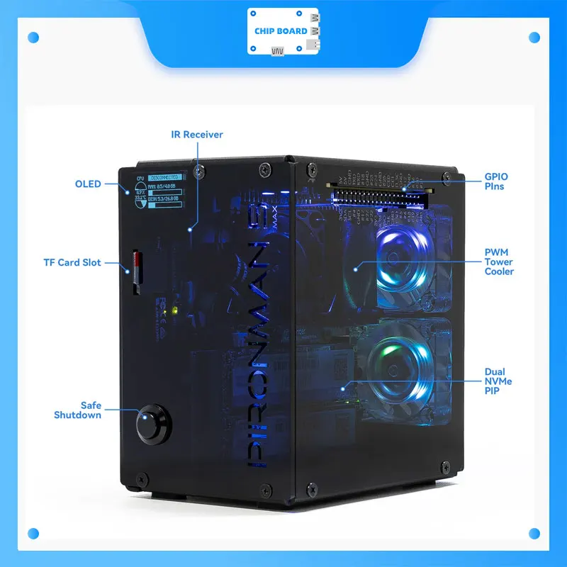 Das Pironman 5-Max Tower-PC-Gehäuse für den Raspberry Pi 5, verfügt über zwei M.2 PCIe-Buchsen, programmierbare RGB-LEDs, neues schwarzes Design