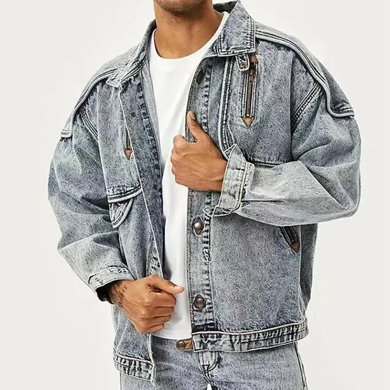 American Retro Jacket Snowflake Washed Vintage Denim Jacket ZipPocket Tooling Lapel Jean Coats Loose Motor Jaqueta  WJ111