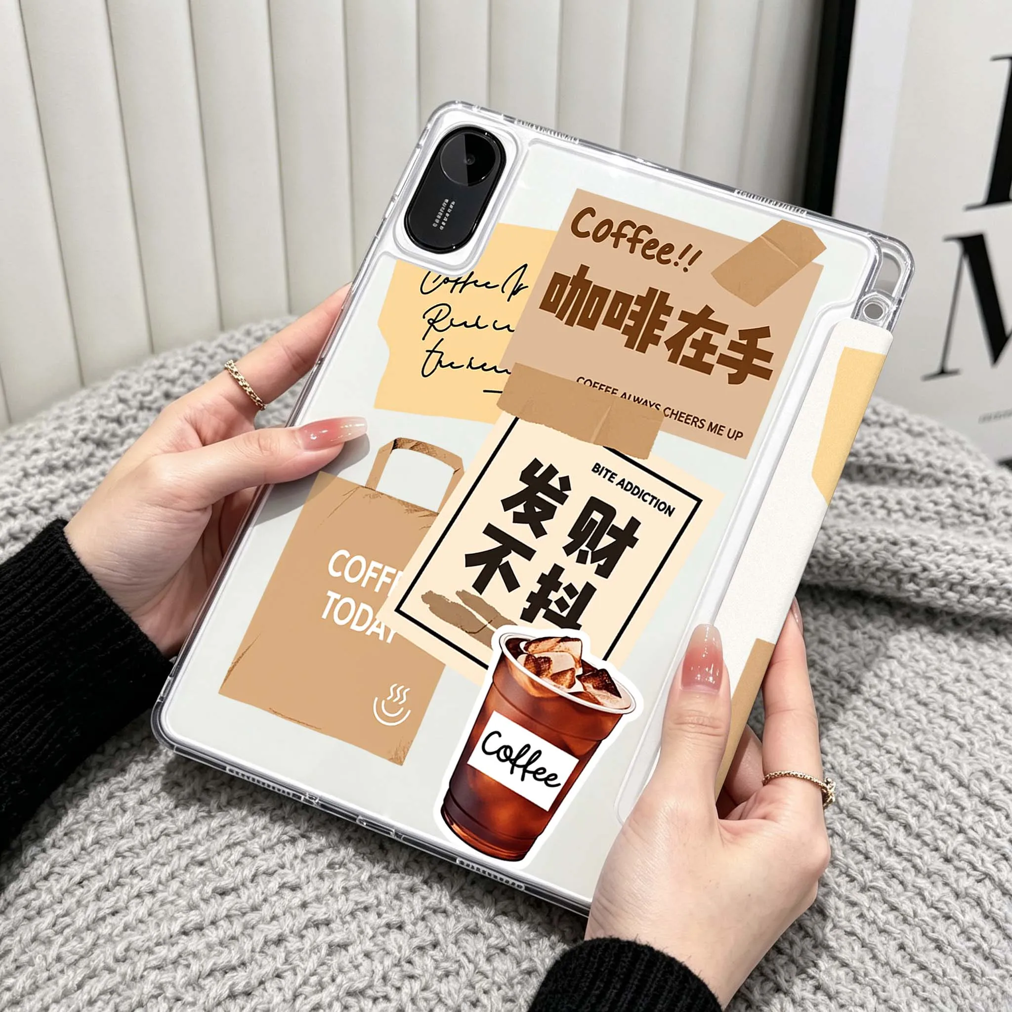 Coffee Beans Cup For Xiaomi Redmi Poco Pad 5 6 7 8 Pro SE 11 11.2 12.1 Inch Transparent Y-Shaped Folding Tablet Case