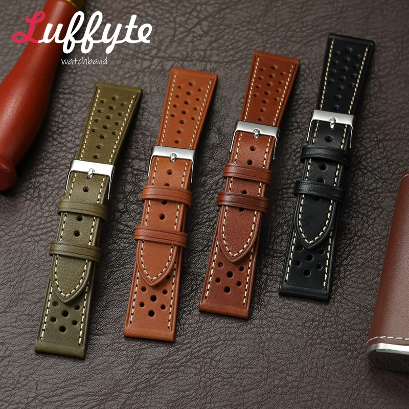 Vintage Handmade First Layer Cowhide Leather Watchband 20mm 22mm Wrist Bracelets Men's Breathable sports Watchband Belt