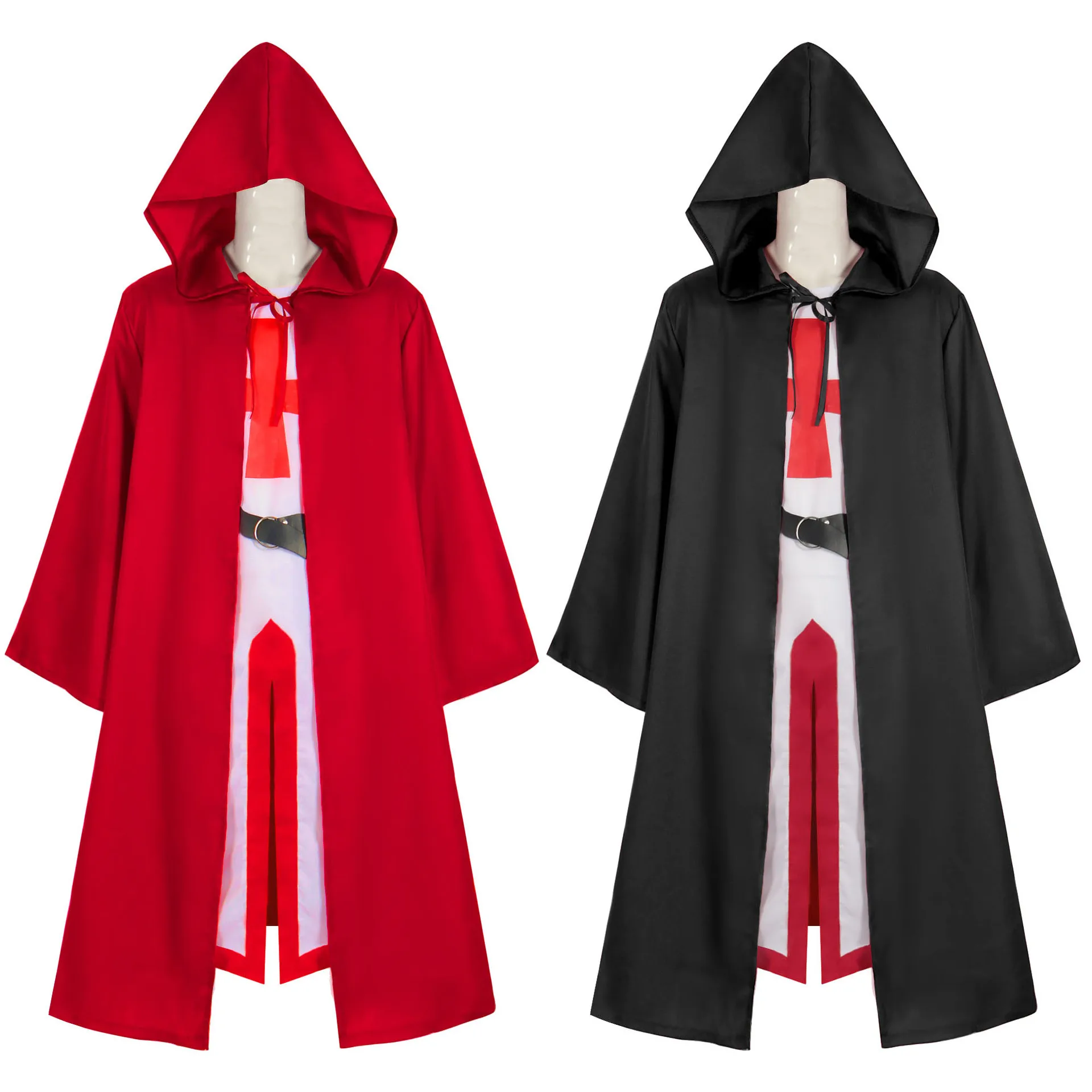 Herren mittelalter liche Kreuzritter Ritter Templer Tunika Cosplay Kostüme Renaissance Halloween Mantel Krieger schwarze Pest Umhang Top Gürtel