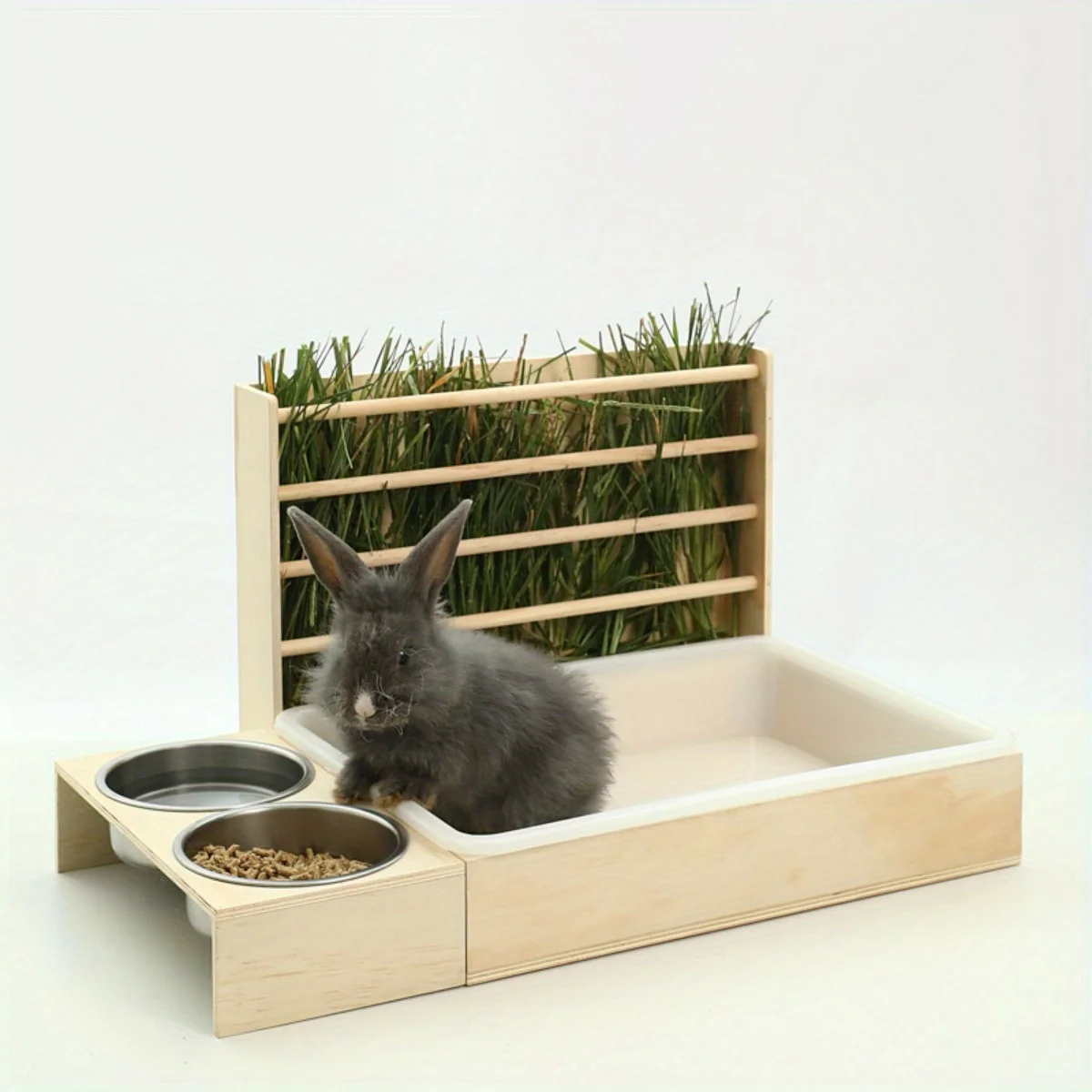 

3-in-1 Wooden Rabbit Litter Box with Hay Feeder & Bowls - Durable Small Animal Cage Accessory for Rabbits, Guinea Pigs, Hamsters - Built-In Grass Feeding Station & Hygienic Design, Rabbit Feeders for Cages, Cage Organization, Natural Wood Finish, Sturdy C