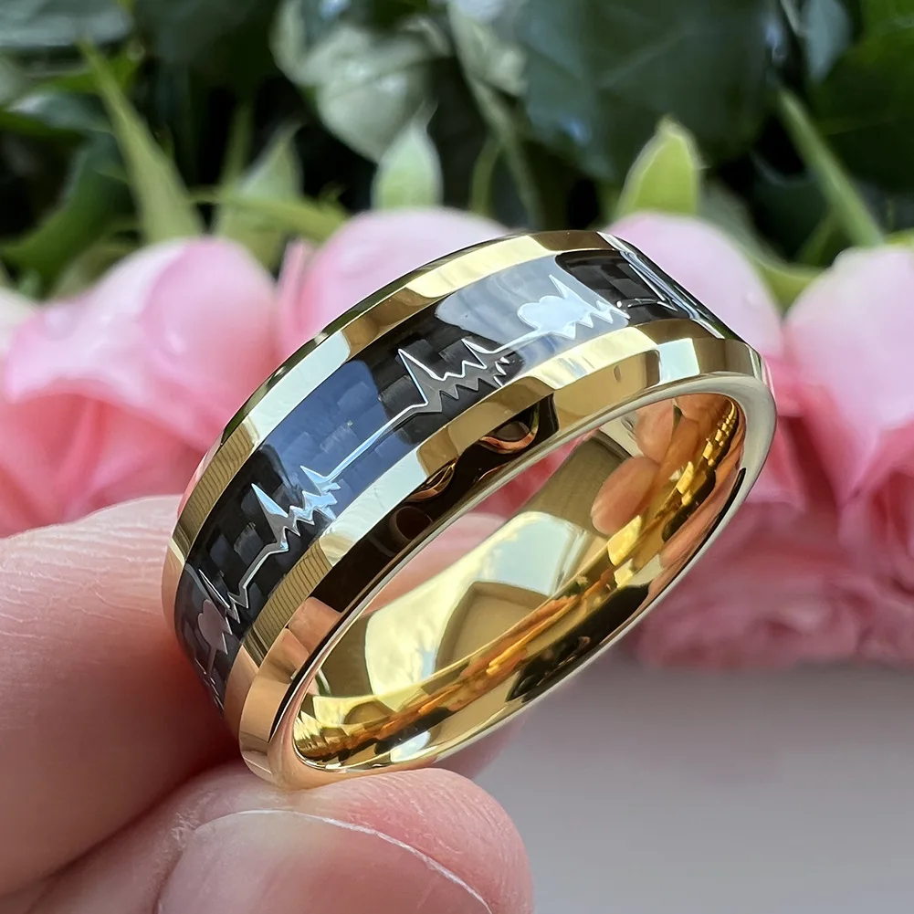 Fashion 8mm Men Gold Carbon Fiber Heart Inlay Tungsten Carbide Engagement Rings Wedding Bands Domed Polished Shiny Comfort Fit