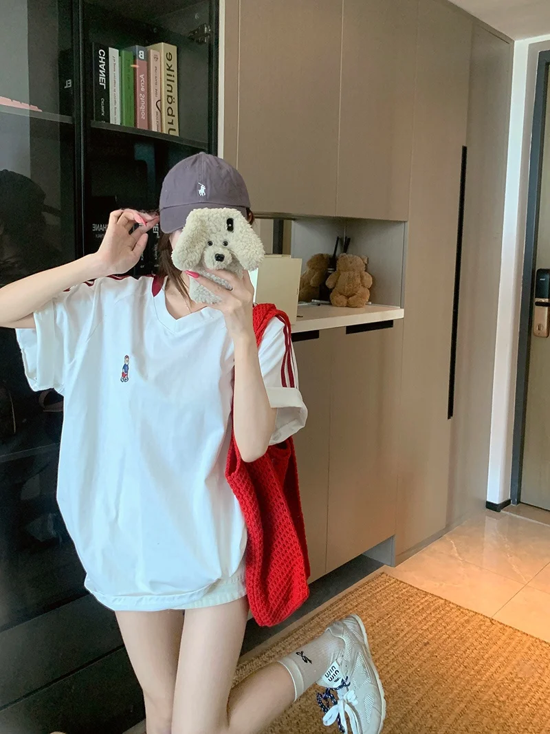 

Retro American Embroidered Striped Short Sleeve T-Shirt Women's Summer Casual Loose Overhead Top Chic Commute Style Youthful ...