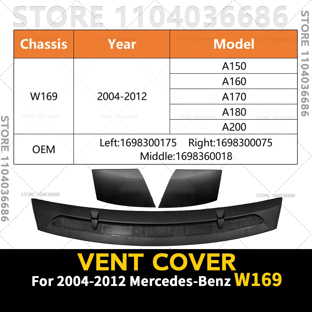 2004–2012 W169 für Mercedes Benz A-Klasse A150 A160 A170 A180 A200 Fronthauben-Entlüftungsgitter 1698300075 1698300175 1698360018 – Detail 2