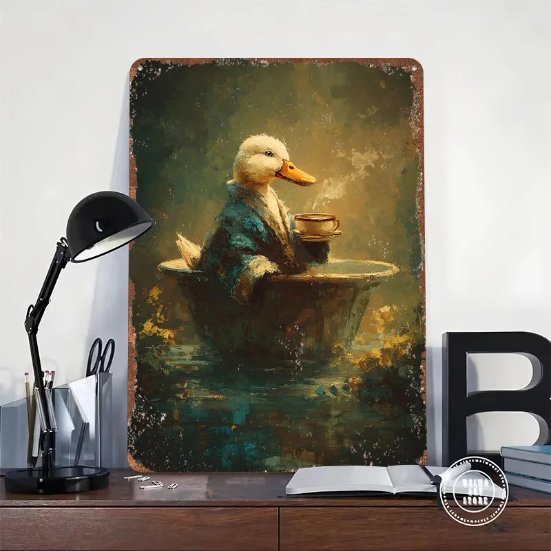 Duck in Bathrobe With Coffee Poster Customized Wall Art Vintage Metal Signs Retro Tin Plaque for Man Cave Desk Decor House Room