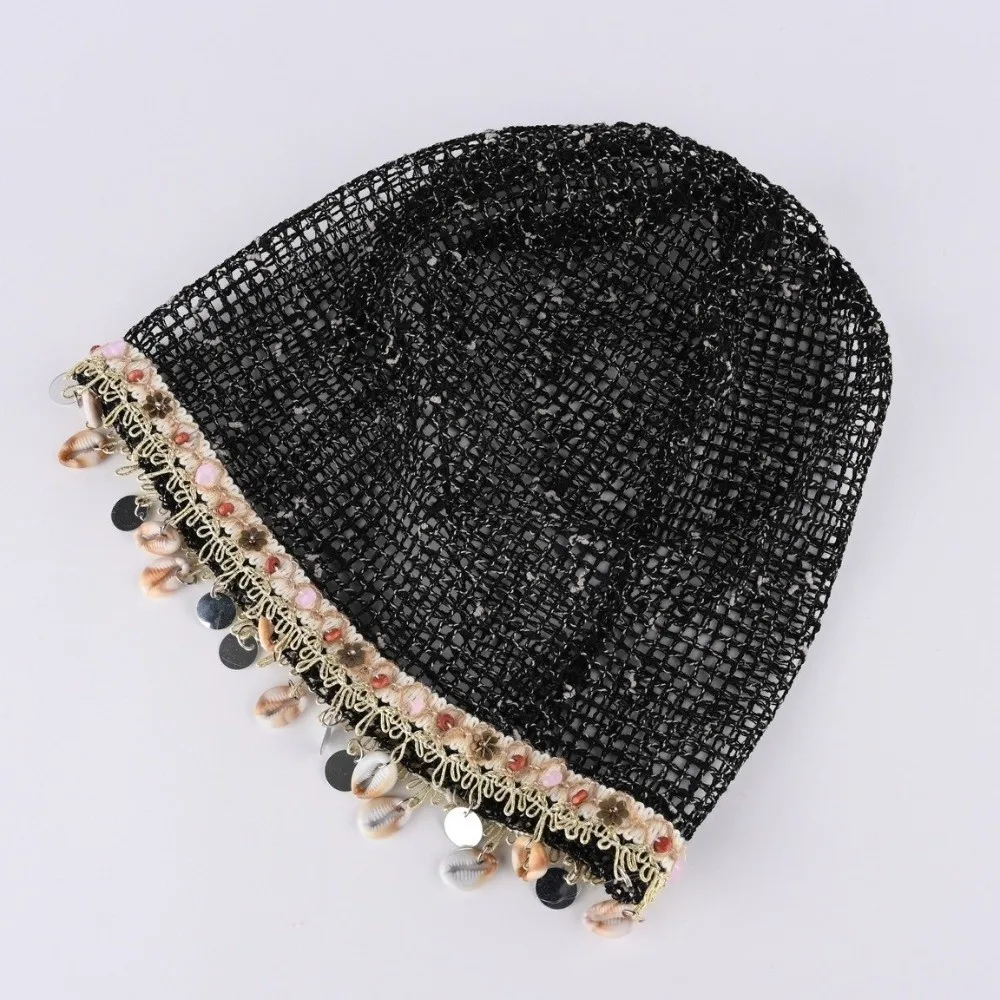 Lightweight Shell Charm Wrap Beanie Thin Breathable Hollow Out Slouchy Hat Large Head Size Pullover Design Fringe Skullcap