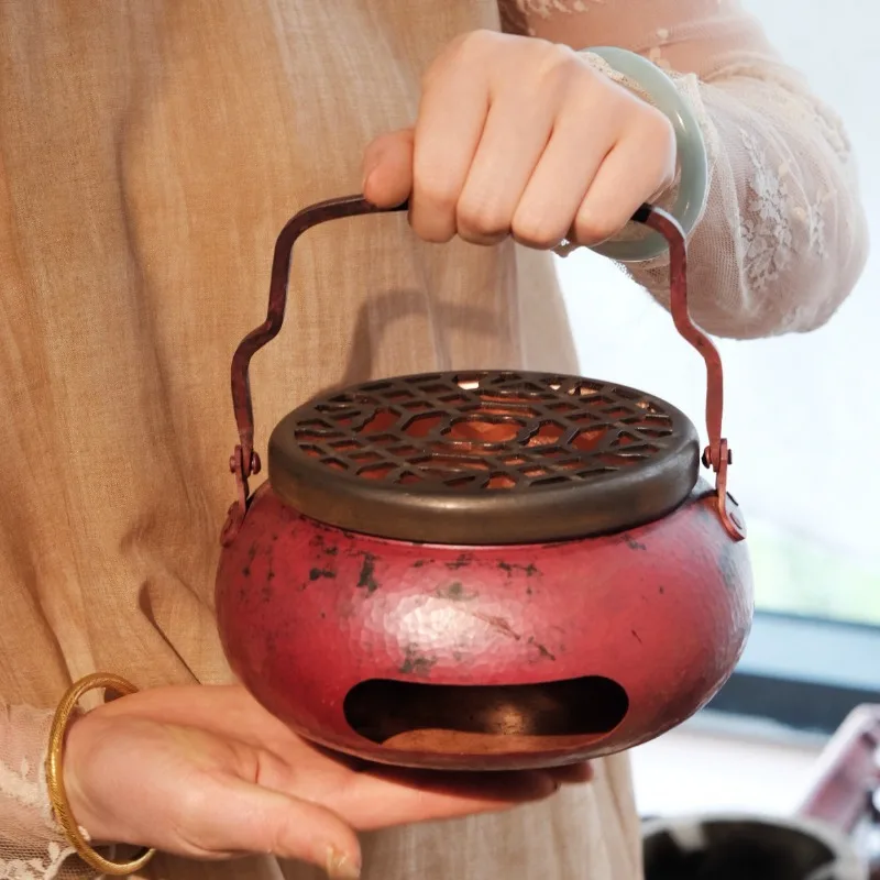 Handmade Copper Hand Warmer,Purple Copper Charcoal Stove, Retro Tea Boiler,Incense Burner Shaped Basket,Alcohol Cold Brew Heater