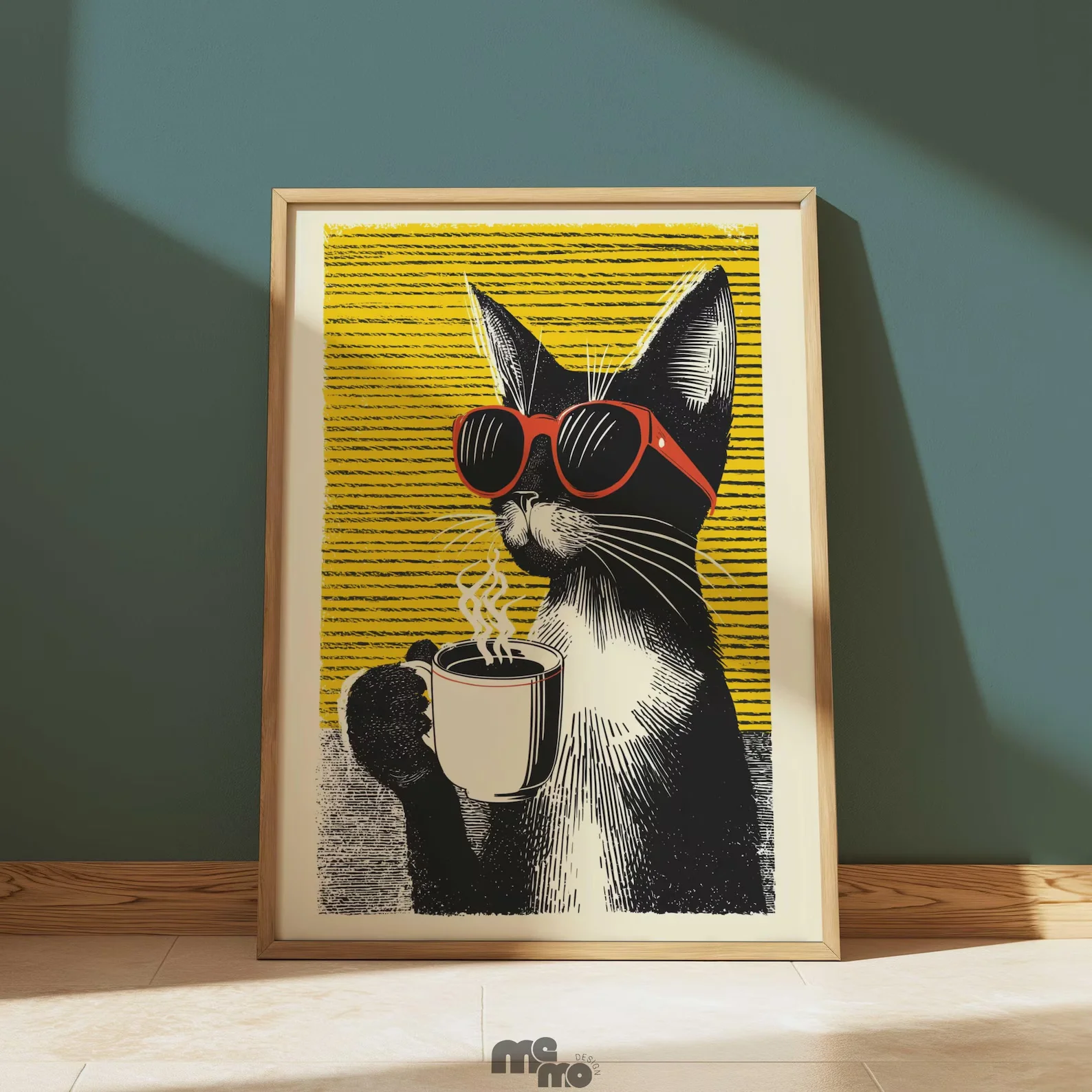 Cool Cat Drinking Coffee Wall Art, Funny Cat with Red Sunglasses Vintage Pop Art, Quirky Pet Premium Matte Paper Poster for Cat