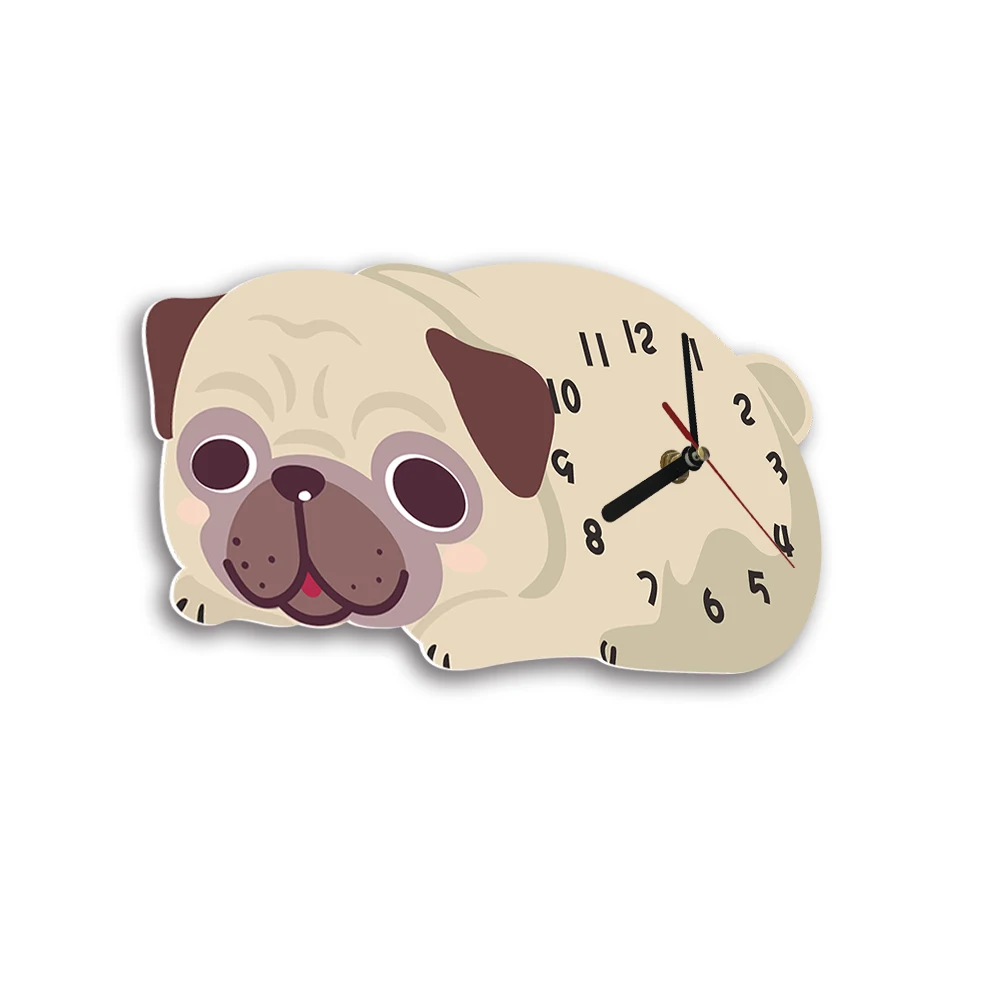 Cartoon Pug Wall Clock For Kids Nursery Room Puppy Dog Pet Home Decor Wall Watch Silent Non Ticking Quartz Clock Dog Owners Gift