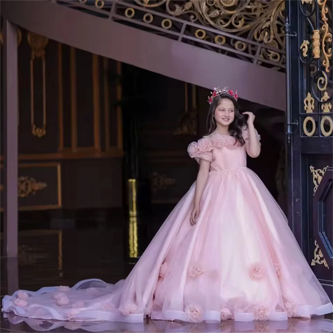 Customized Pink Flower Girl Dress Pearls Rose Flowers Trailing Short Sleeve For Wedding Birthday Party Banquet Princess Gown