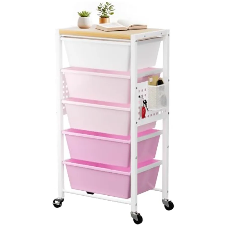 

Rolling Cart with 5 Drawers Plastic Drawer Storage Carts with Wheels and Wooden Tabletop Metal Utility Cart with Pegboards Offi