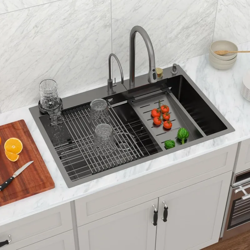 33 Drop In Kitchen Sink Nano Coating 33x22 Inch 16 Gauge Stainless Steel Kitchen sinks Single Bowl Workstation Sinks 22