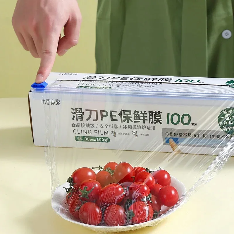 Frischhaltefolie, Mikrowellengeeignete Frischhaltefolie - Mit Abnehmbarem Schneidewerkzeug, Transparente Kunststoff-Lebensmittelverpackungsfolie Hält Lebensmittel Frisch