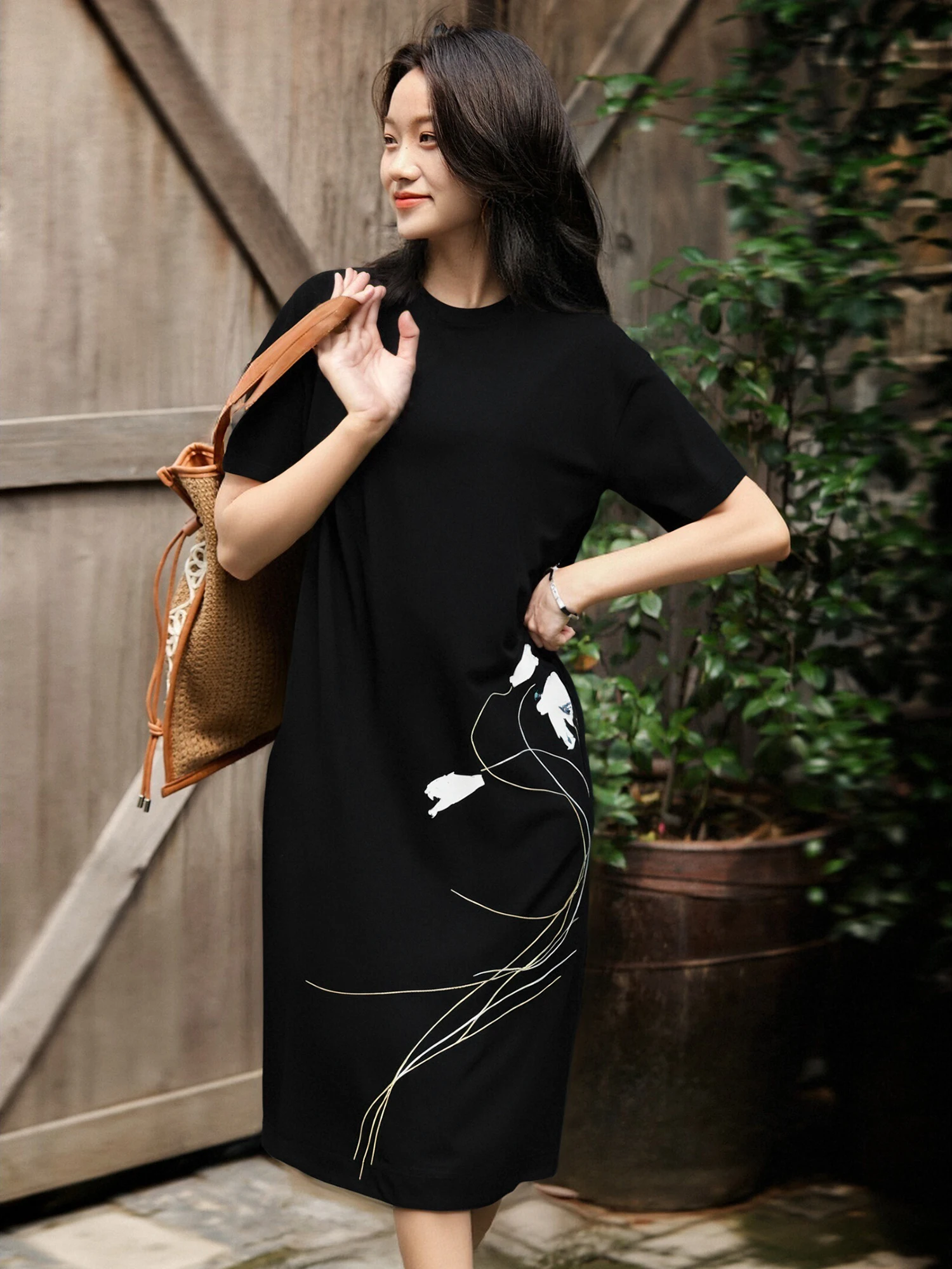 

Casual Sle round Ne ort Sve T-irt Dr Bla Artistic Print Loose Fit A-Line Skirt Breathable Cotton Youth Summer...