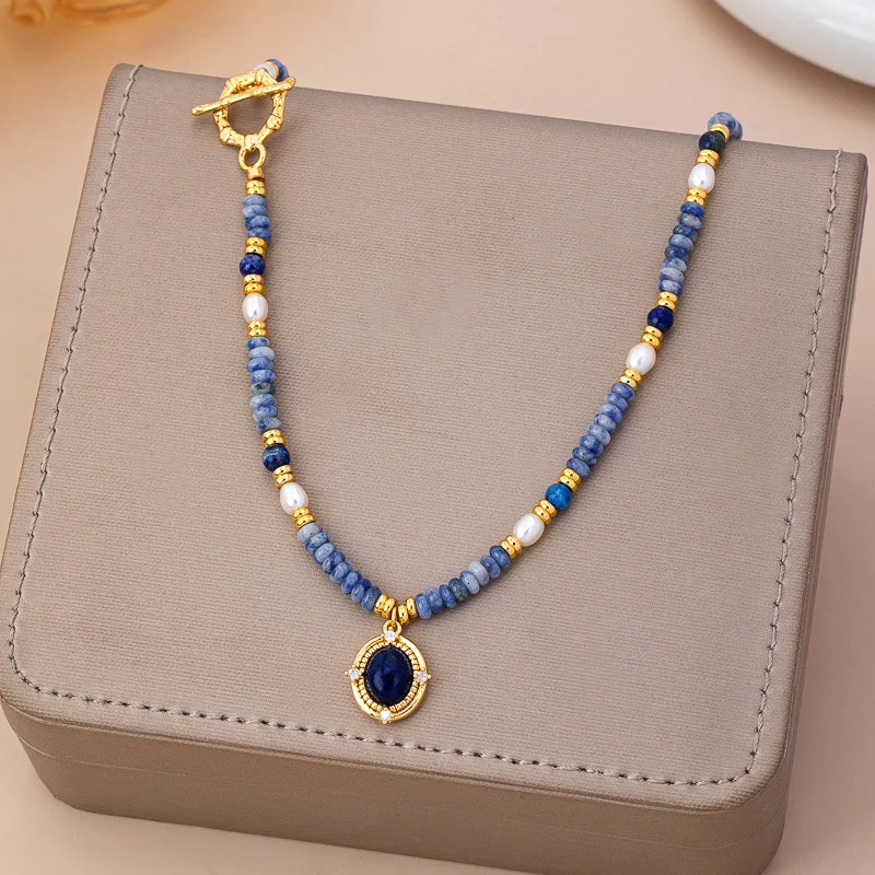 Retro Green Stone Lapis Lazuli Freshwater Pearl Abacus Bead Splicing Necklace Boho Style Light Luxury Niche High-end Necklace
