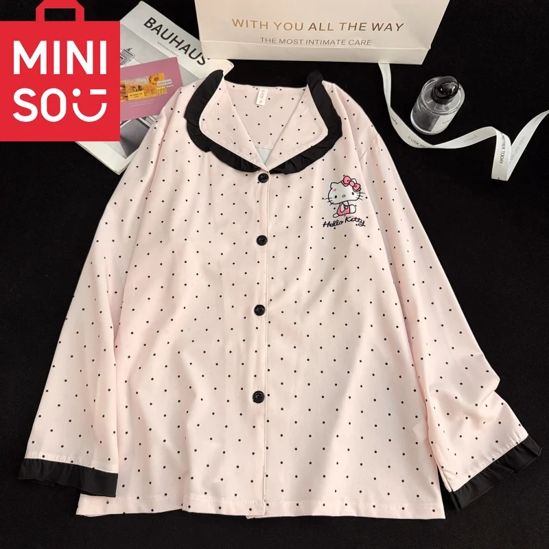 الكورية نمط مرحبا كيتي ملابس خاصة مجموعة النساء 2025 جديد لطيف دوت طباعة منامة طويلة الأكمام المتسكعون مطابقة الأسرة منامة نقطة