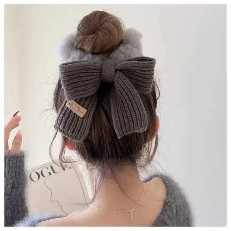 Cute Rabbit Ear Knitted Wool Bow Colorful Hair Rope Scrunchies Sweet Girls Large Hair Ring Head Rope Hair Rubber Band Headwear