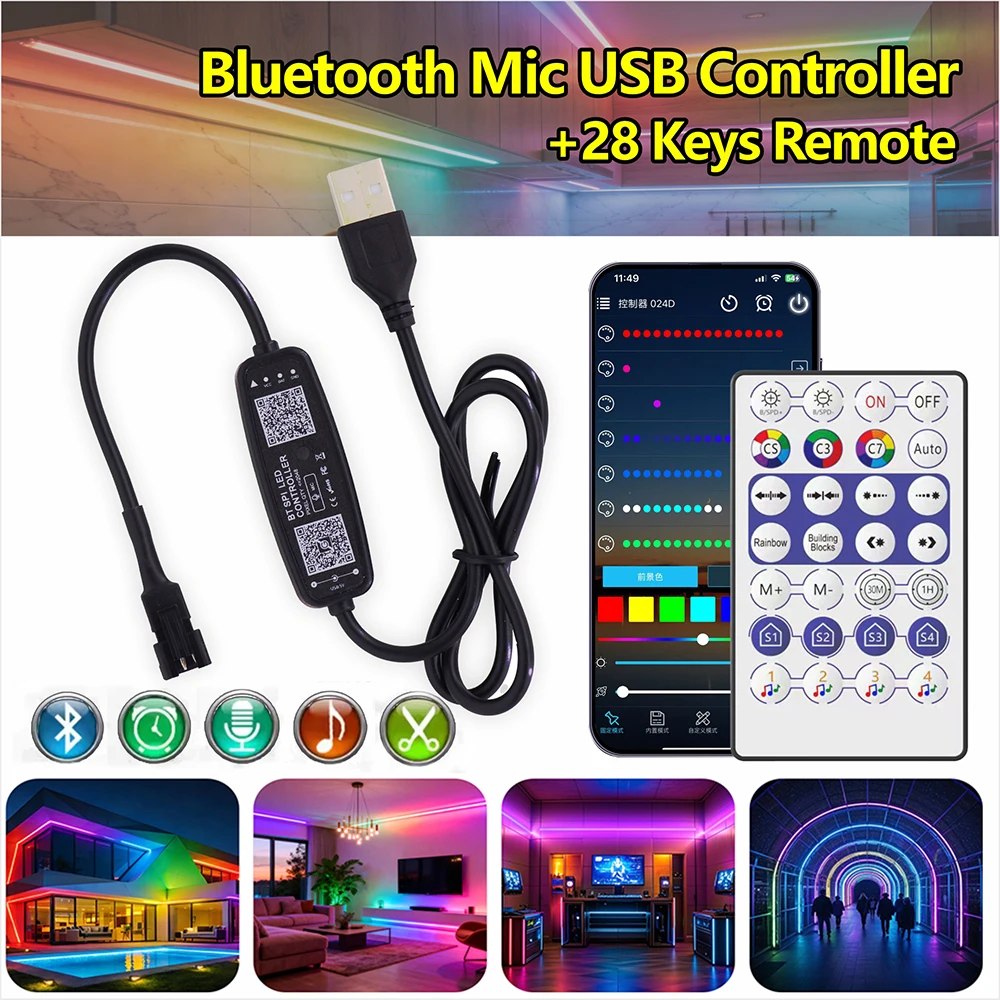 DC5-24V Bluetooth LED Strip Controller APP + 24Key Remote Control Music Sync Timer for WS2812B WS2811 SK6812 RGBIC Pixel LED Lig