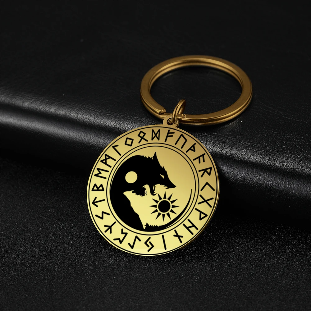 Dreamtimes Viking Runes Wolf Car Keychain Yin Yang Pendant Protector Stainless Steel Accessories Gift Wholesale