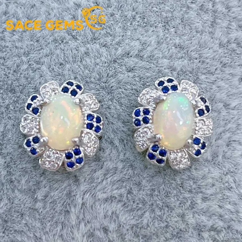 

SACE GEMS Fashion Jewelry Earrings for Women 925 Sterling Silver 5*7MM Natual Opal Stud Earrings Wedding Party Fine Jewelry Gift