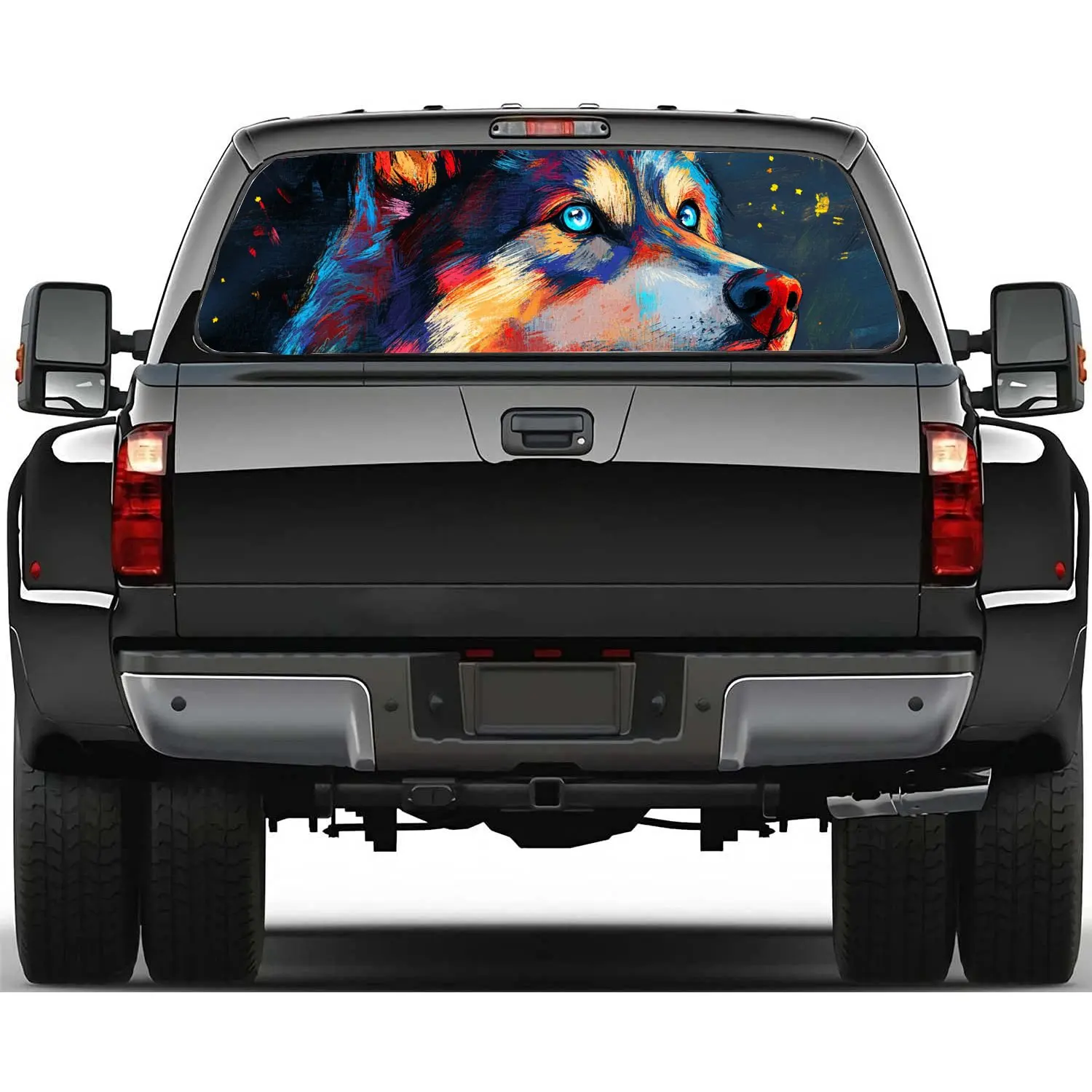 

Blue Eyed Starry Wolf Car Rear Windshield Sticker Truck Rear Window See Through Perforated Back Window Vinyl Decal Decoration