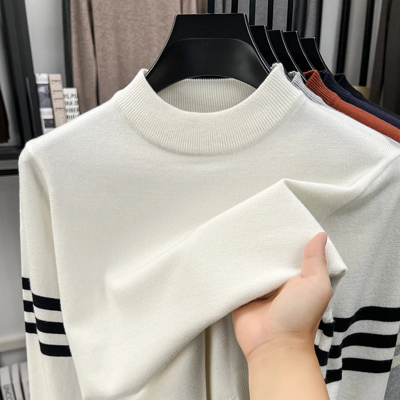 High Quality Men's Solid Color Knit Sweater Autumn New Half High Collar Jacquard Long Sleeve Pullover Business Casual Men's Wear