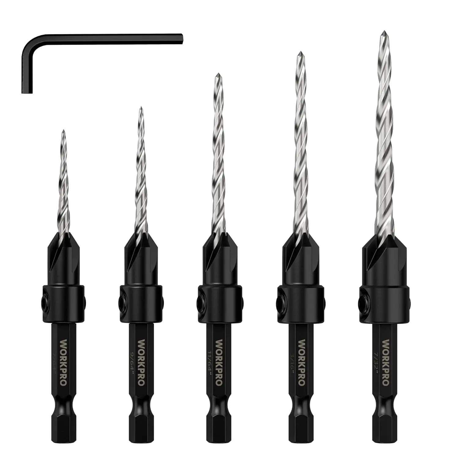 

5-Pack Countersink Drill Bit Set, #4 to #12, M2 HSS, 4-Flute Design with Hex Key for Woodworking & Metal Drilling