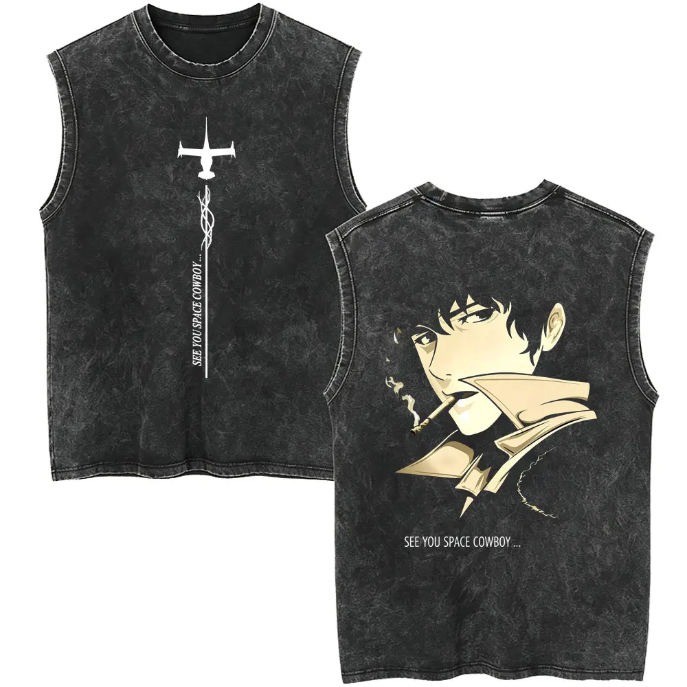 Anime Cowboy Bebop Vintage Washed Tank Tops Manga Spike Spiegel See You Space Cowboy T-shirt Men Women Fashion Sleeveless Vest