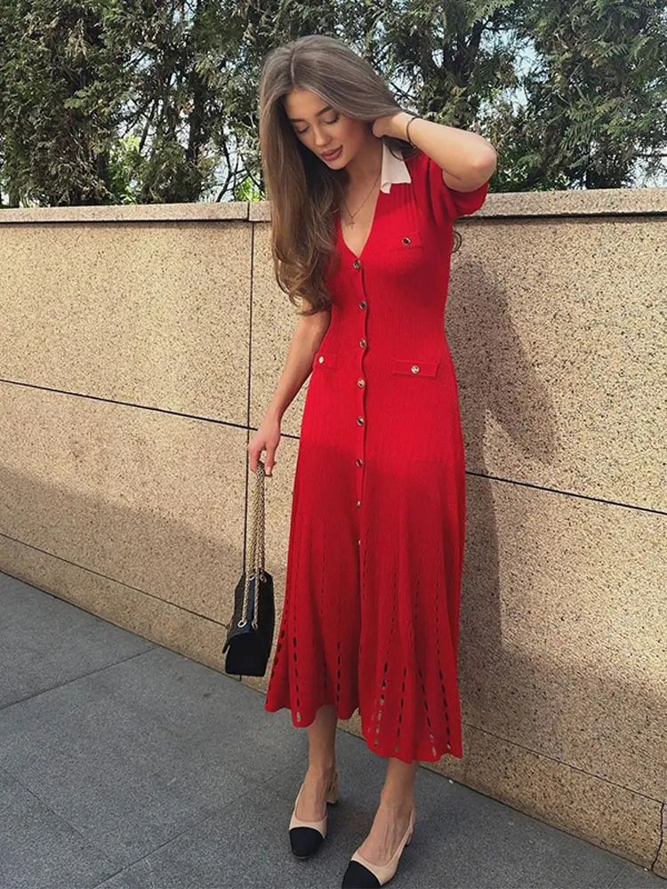 

Fashion Women Contrasting Lapel Single Breasted Knitted Dress Elegant V Neck Puff Short Sleeve Slim Long Dresses Chic Lady Robes