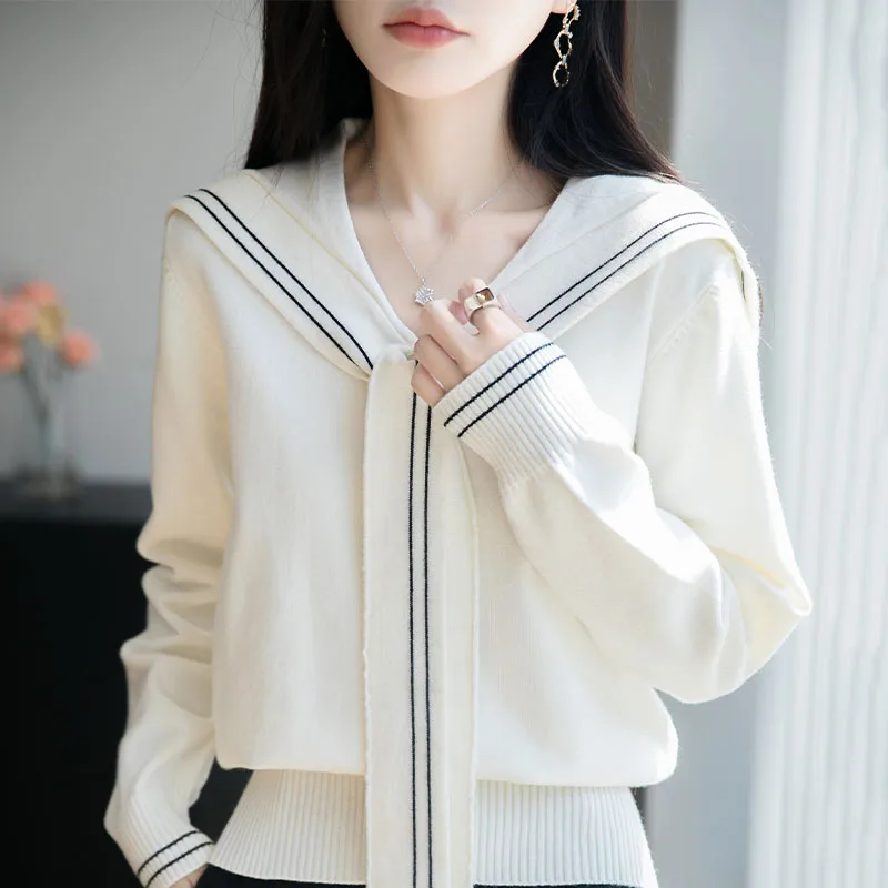 

Осень-зима 2025 года, новый тренд свитера, темно-синий воротник, шаль, тонкая короткая вязаная нижняя рубашка