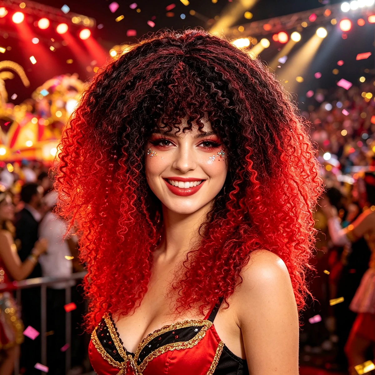 Dark Root Red Ombre Afro Curly Wig Synthetic Hair Tiny Curl Bangs Hip Hop Cosplay Halloween Costume Party Full Wigs for Women