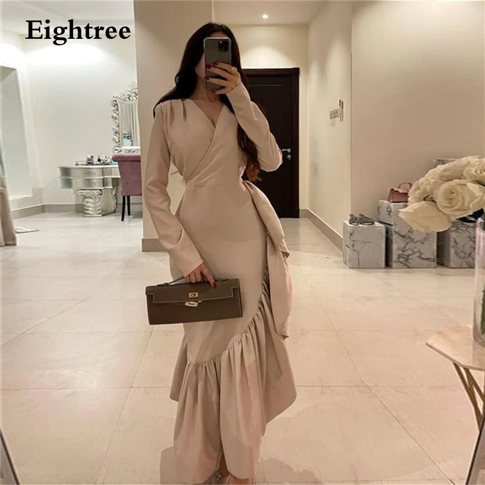 

Eightree Saudi Arabia Vintage Evening Dresses 2024 Long Sleeves Pleat V-Neckline Prom Dress Vestido De Gala Robes De Soirée