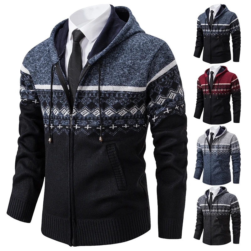 Warm men\'s jackets in autumn and winter men\'s Korean version of hooded men\'s knitted cardigan plus velvet padded jacket