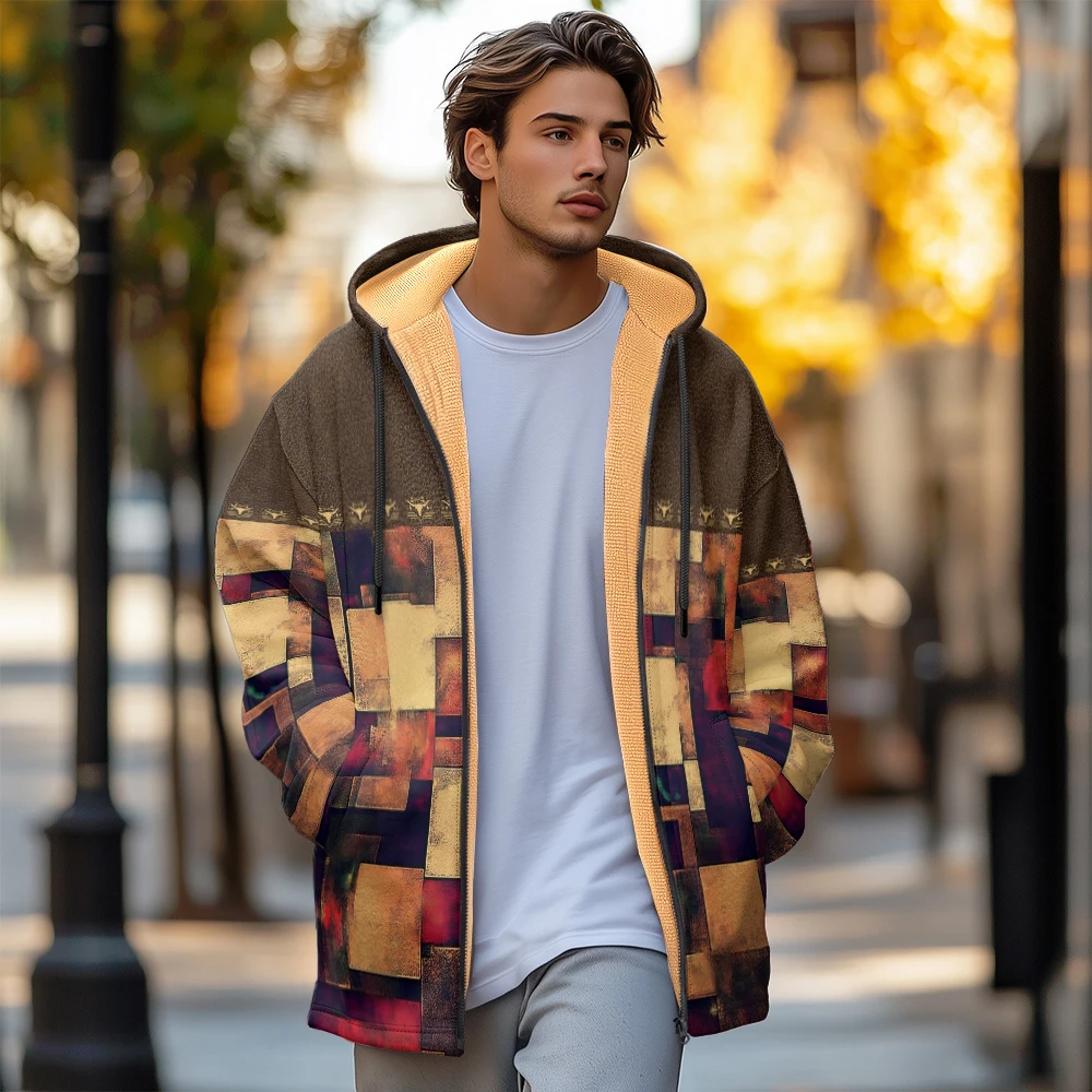 

Man winter clothing, New in Down Coats, Unique grid patchwork graffiti cotton-padded jacket clothing, feather new pocket zipper