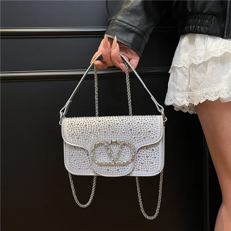 

2025 Rhinestone Square Bag Womens Trendy Chain Strap Shoulder Crossbody Purse Fashionable European Style Luxury Handbag