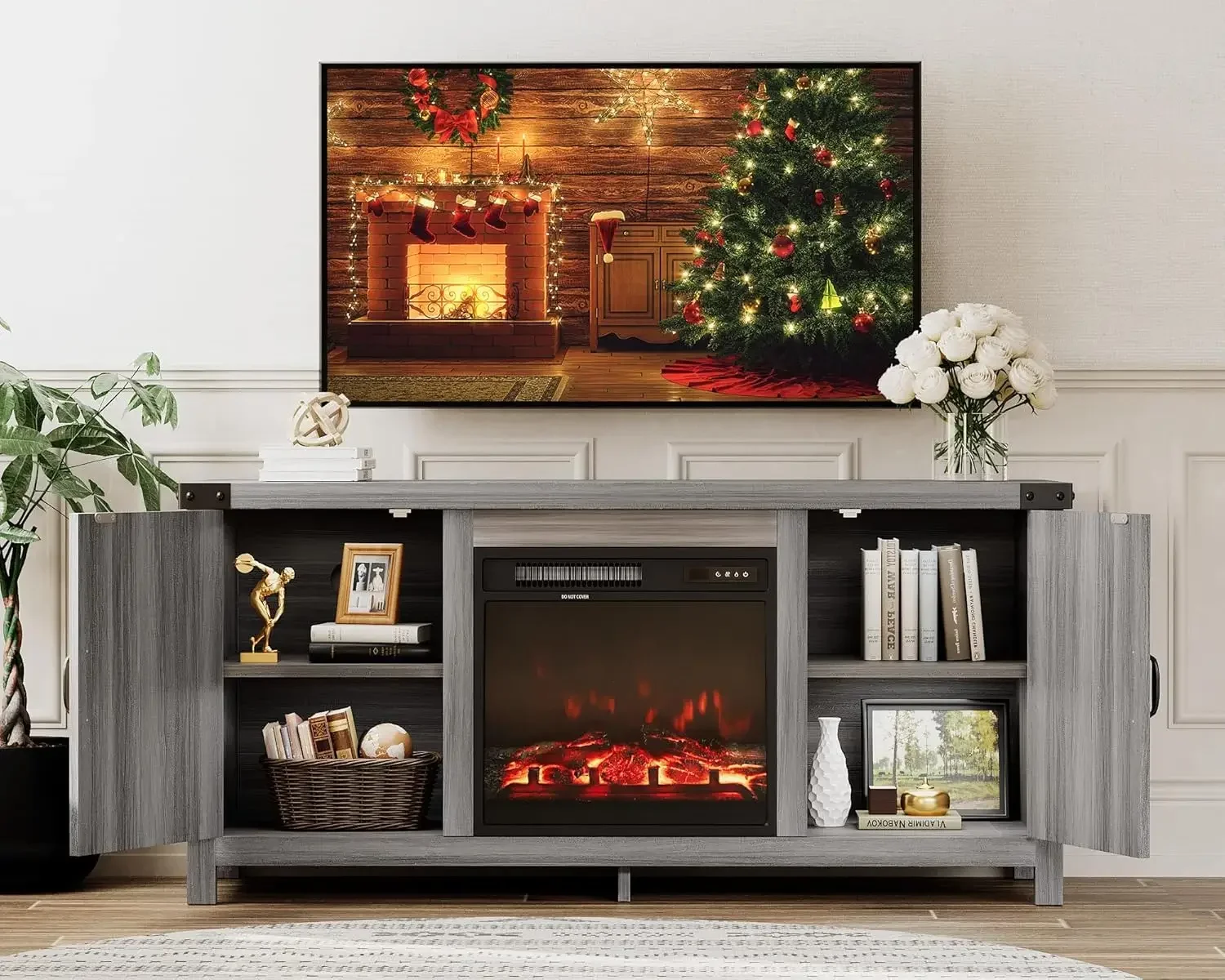 JUMMICO Fireplace TV Stand, Farmhouse Entertainment Center with Fireplace and Shelves, Double Barn Doors Storage Cabinets for TV