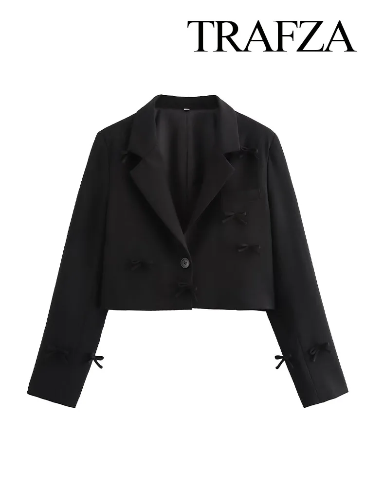 TRAFZA Women Fashion Short Coats Black Turn-Down Collar Long Sleeves Bow Decorate Single Buckle Jacket Female Spring Chic Blazer