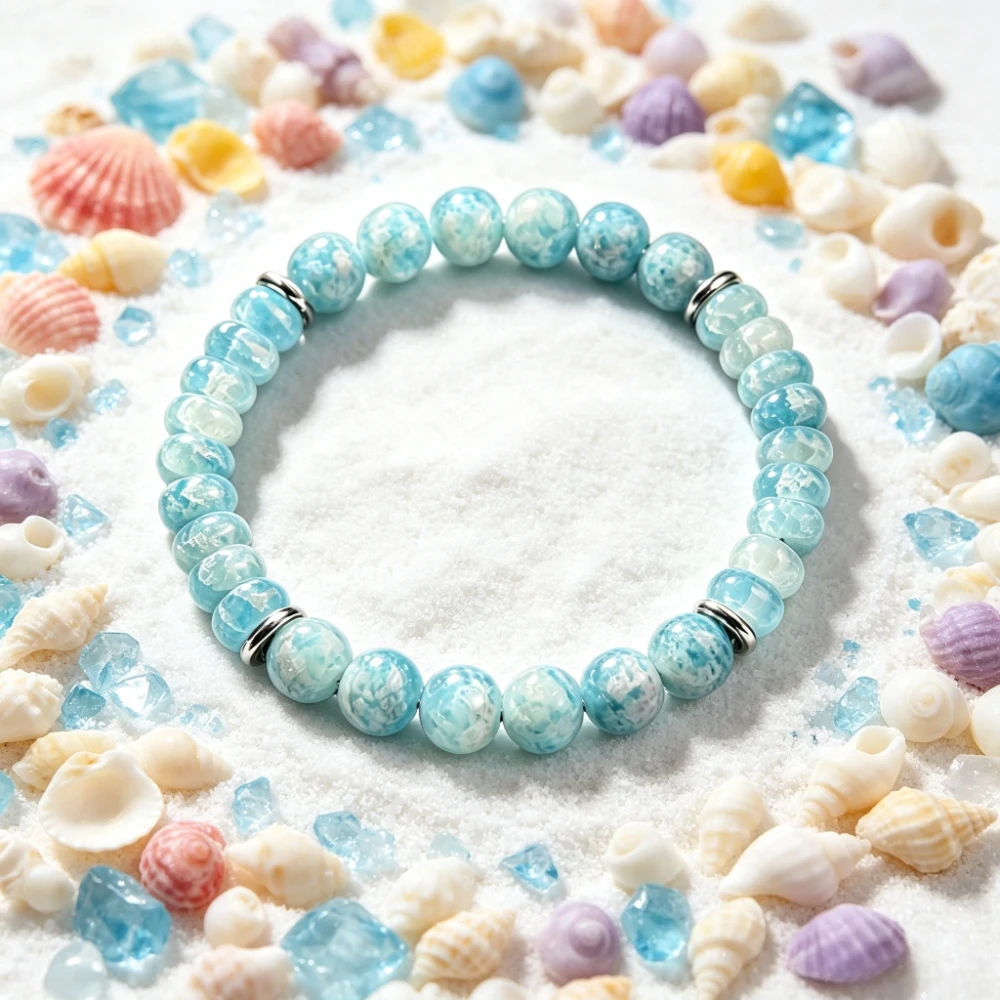 1pc Natural Wave Patterned Blue Lalima&Ice Blue Floating Flower Bead Bracelet, Bohemian Men's and Women's Wrist Accessories