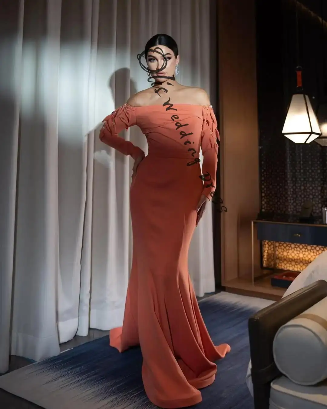 

customized Elegant Mermaid Long Sleeves Prom Dresses Off The Shoulder Floor Length Beadings Party Dresses Evening Dresses