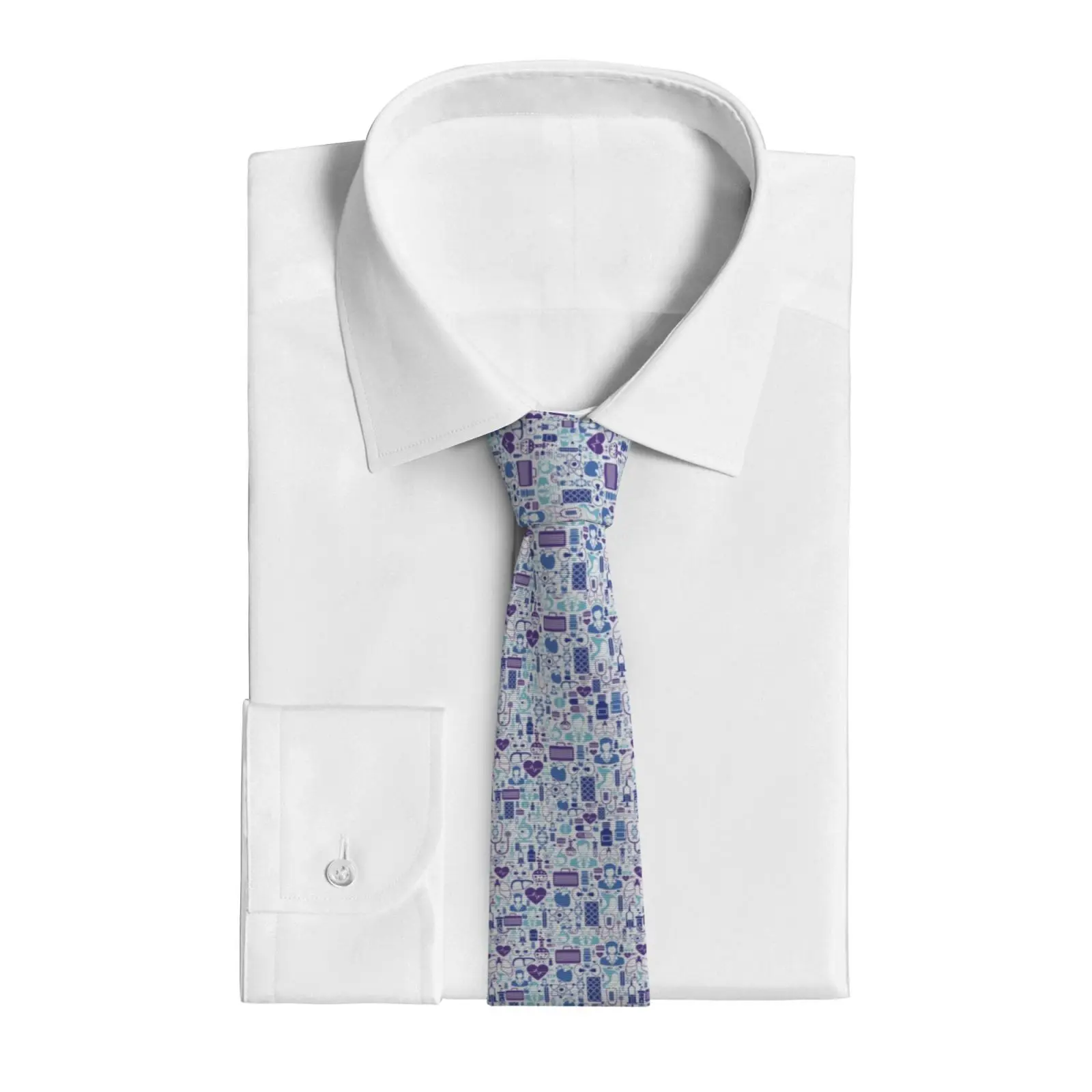 Light Blue Medical Print Men Necktie, Cartoon Nurse Stethoscope Heart Pill Pattern Neck Tie for Hospital Work Party Formal Wear