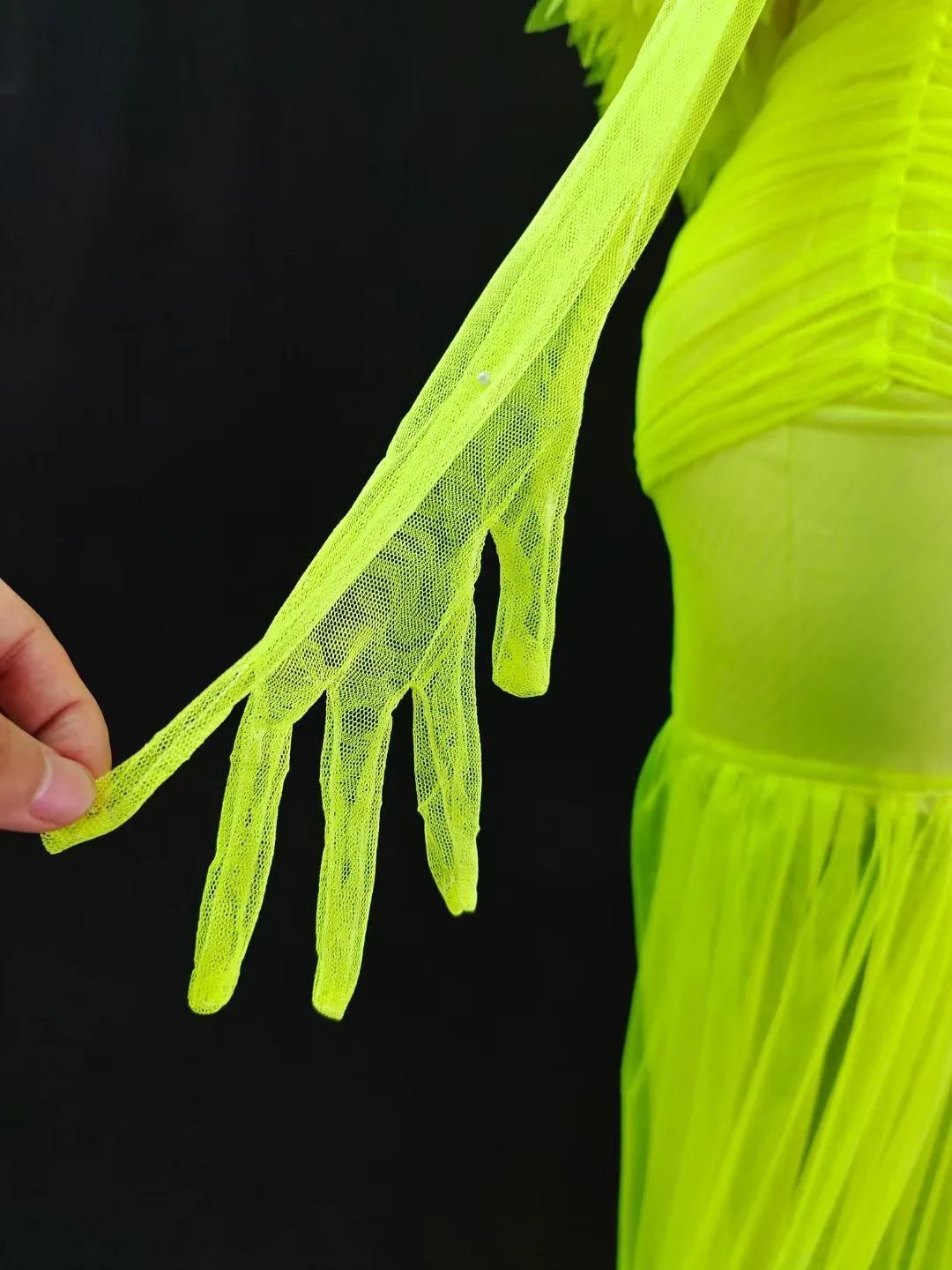 Prospettiva di garza verde fluorescente vestito Sexy da trascinamento con guanti per le donne sfilata di moda costumi da palcoscenico Drag Queen Outfits