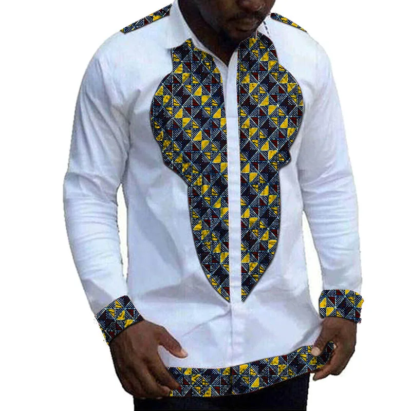 African Clothing Men\'s Shirt Print Wax On White Patchwork Design Lapel Tops Nigerian Fashion Male Groom Wear