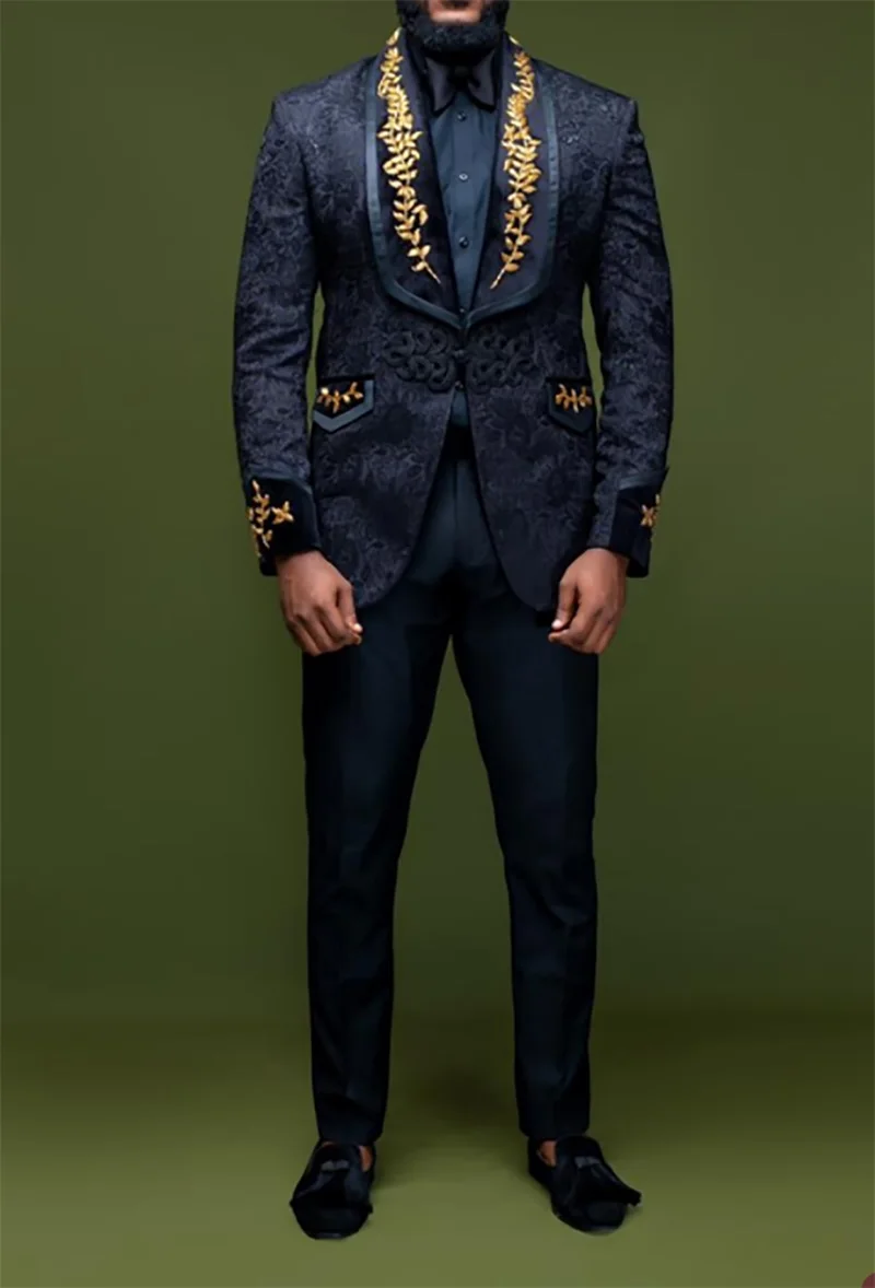 2 Pcs Black Men Suits Set Blazer+Pants Jacquard Formal Wedding Tuxedo Golden Appliqued Business Prom Jacket Coat Tailor Made